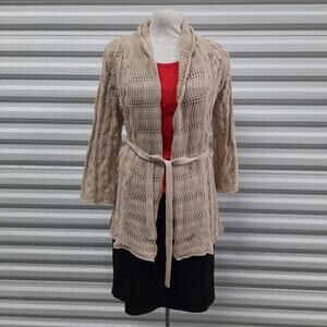 Willi Smith Womens Cardigan Sweater Size Small Tan Knitted Belted Open Front